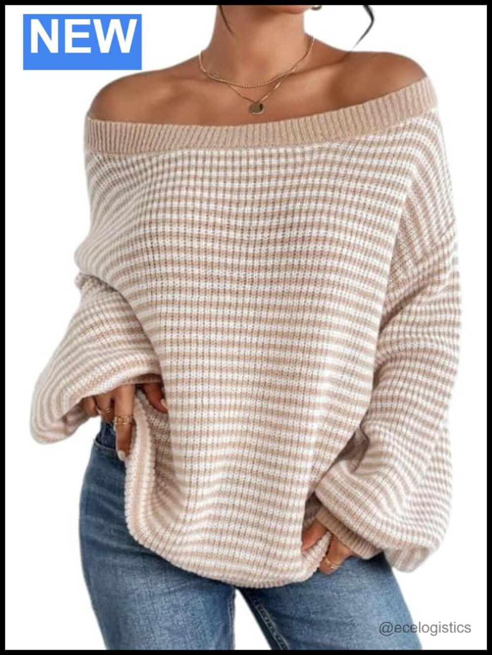 Oversized Striped Sweater Pullover Loose Knit Off Shoulder Fall Long Sleeve